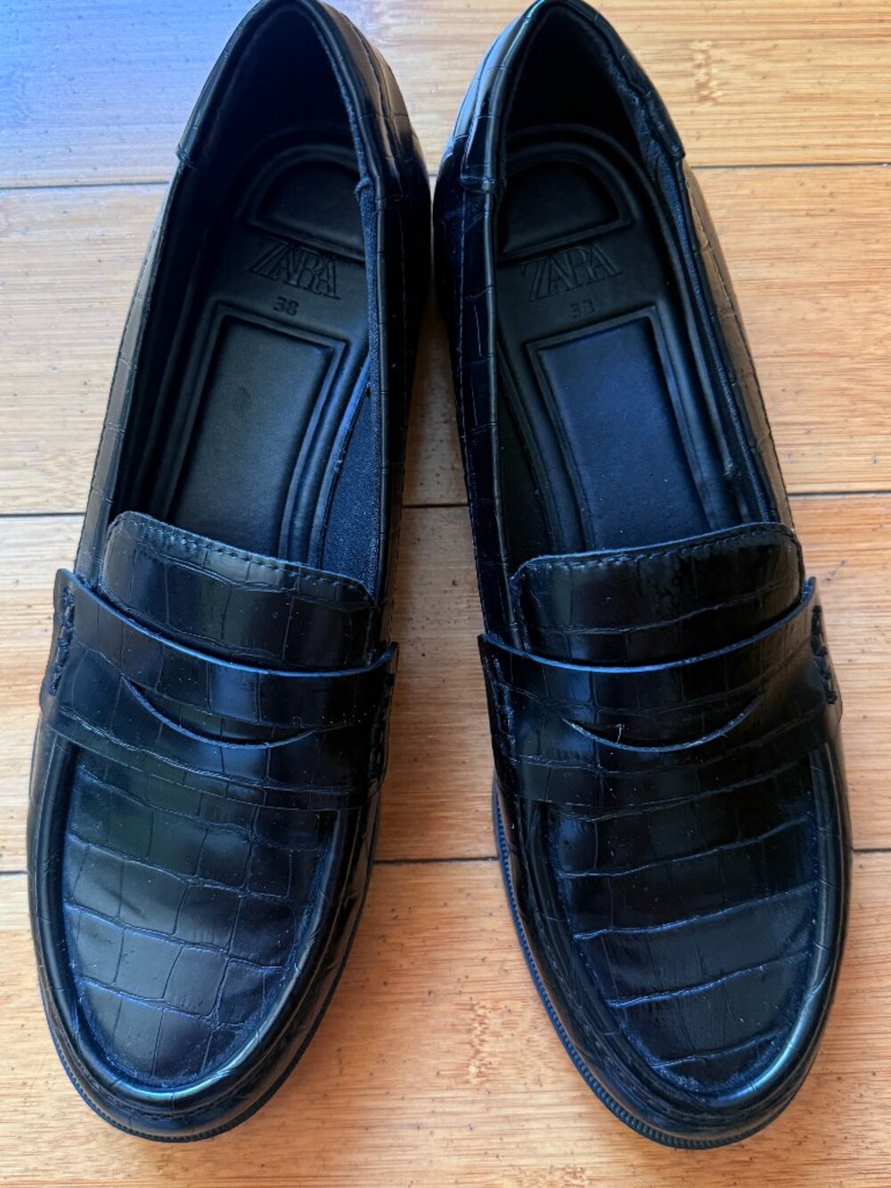 Zara Black Croc-Embossed Penny Loafers EU 38